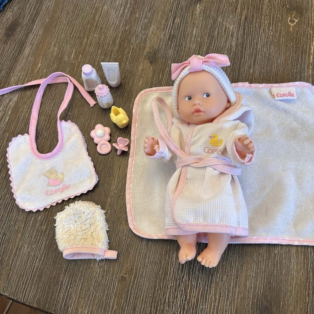 Corolle Bath Baby Doll Robe, Towel, Bib & Wash Mitt Duck Rattle Bottle Pacifier